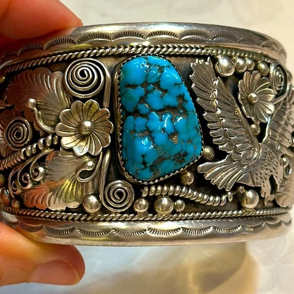 Vintage Navajo G James Signed Kingman Turquoise Silver Cuff Bracelet Heavy🔥🔥🔥 - Picture 5 of 16